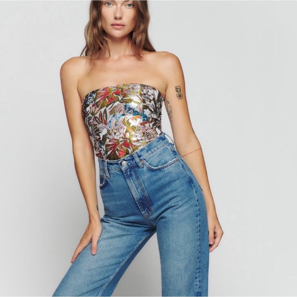 Reformation Giorgia top in ivory floral brocade - size 0